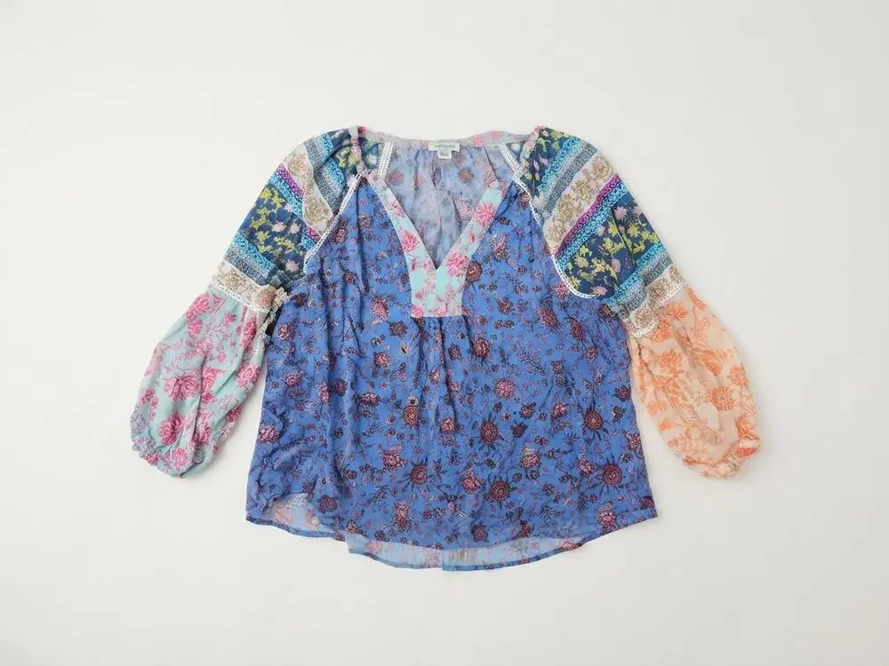 Sundance XXS P Blue Floral Tunic Top Boho Cottage Romantic Cotton Garden